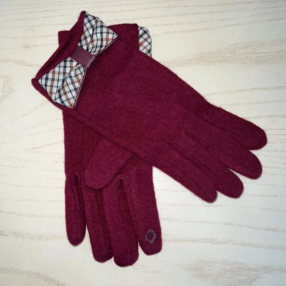 🖤 Burgundy Elegant Ladies Gloves With Plaid Bow Touch Screen Smart NWT